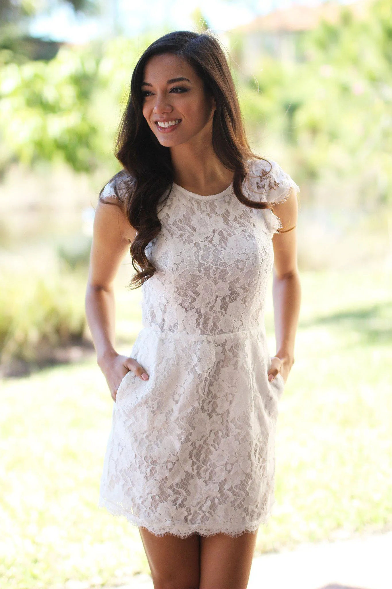 White Lace Dress with Pockets