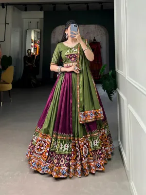 Wine Vibrant Printed Silk Lehenga with Gamthi & Mirror Work