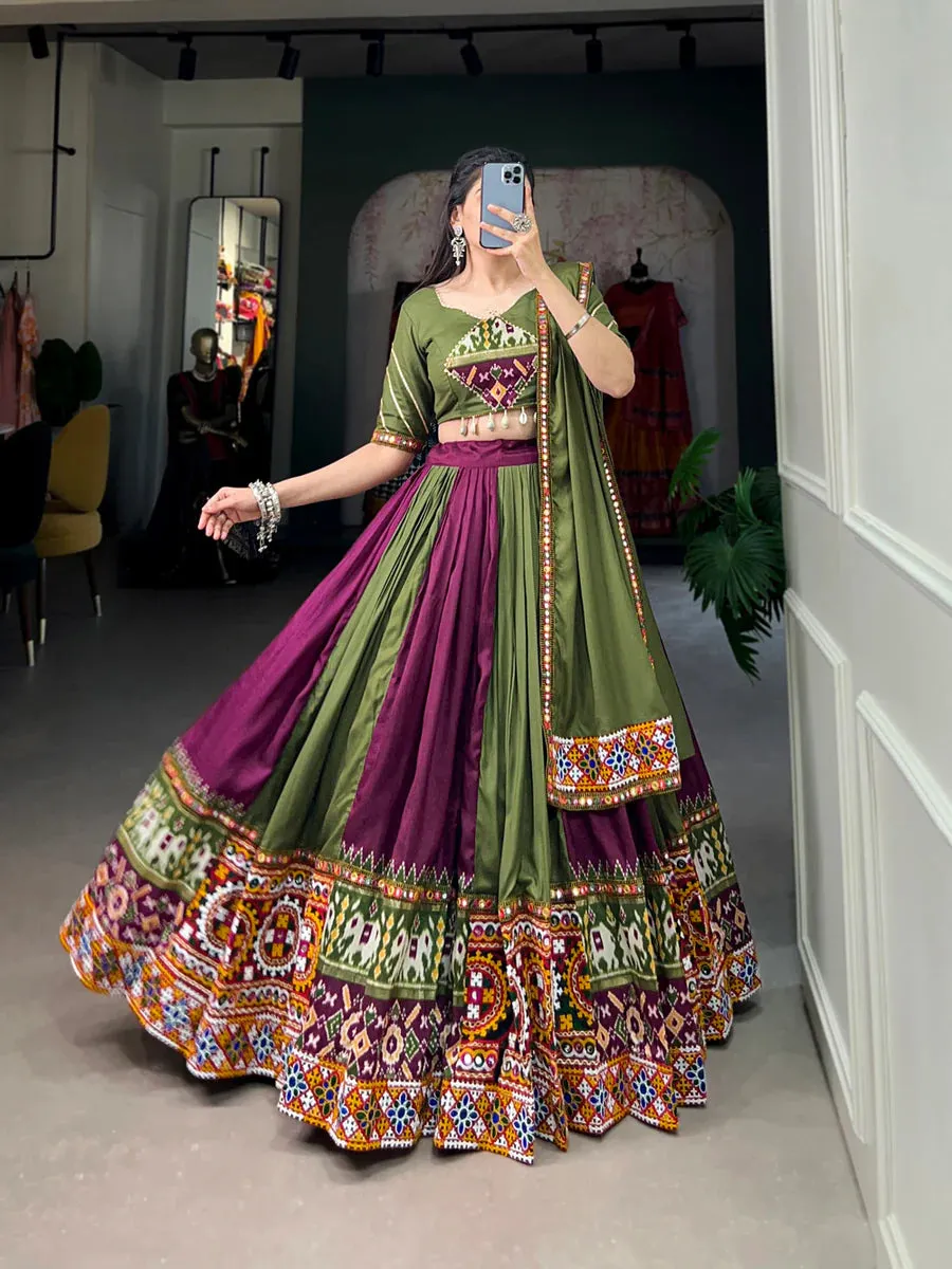 Wine Vibrant Printed Silk Lehenga with Gamthi & Mirror Work