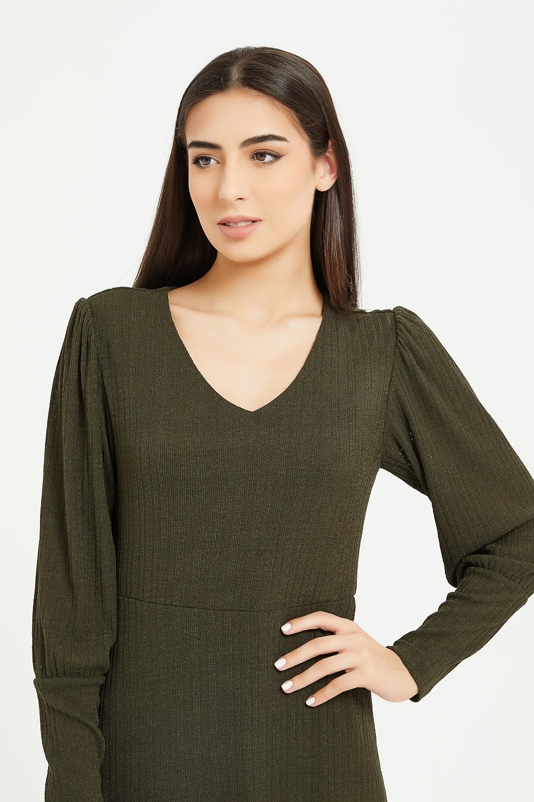 Women Olive Long Sleeves Mid Length Dress