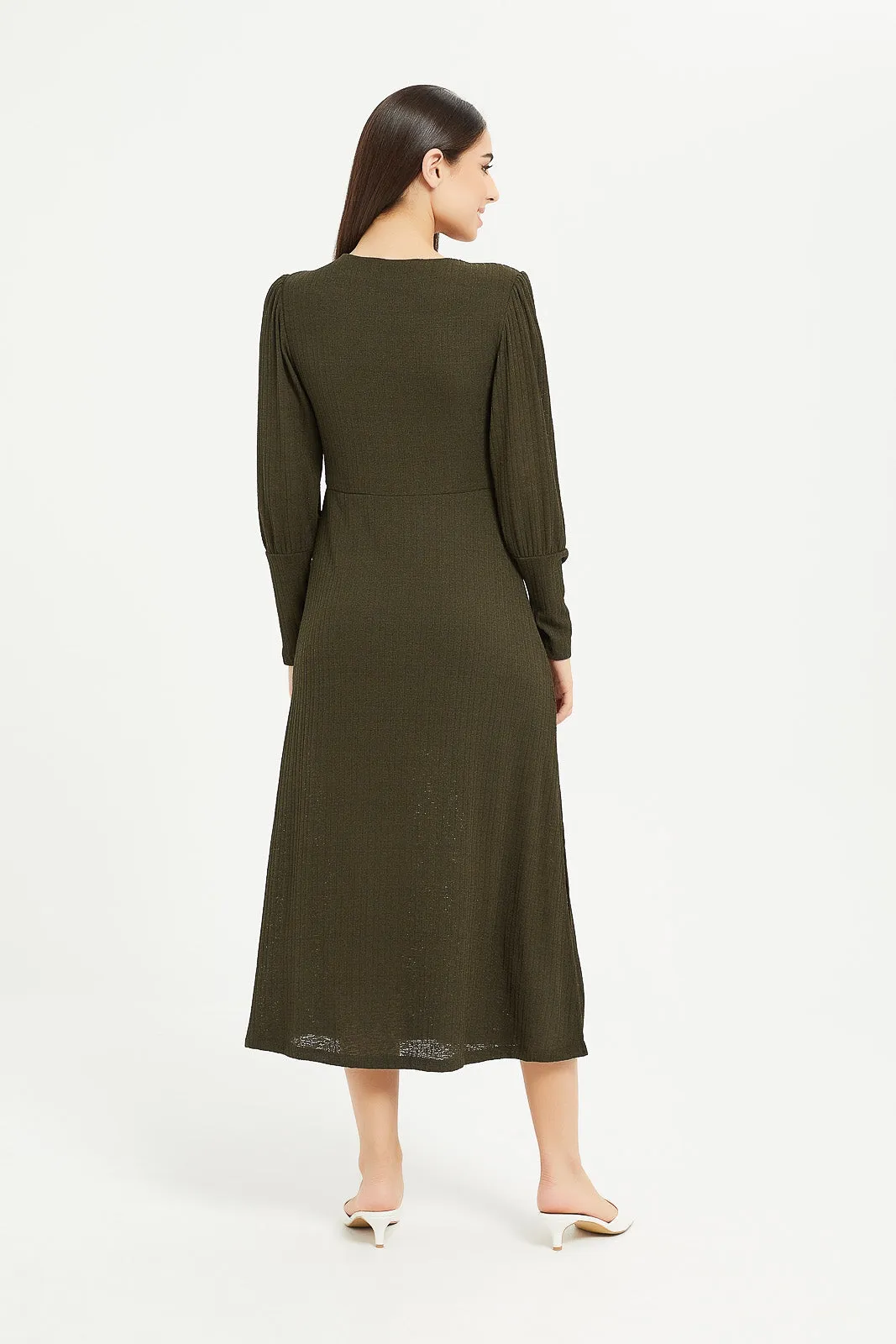 Women Olive Long Sleeves Mid Length Dress