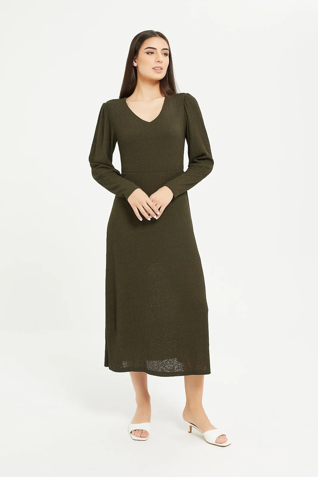 Women Olive Long Sleeves Mid Length Dress