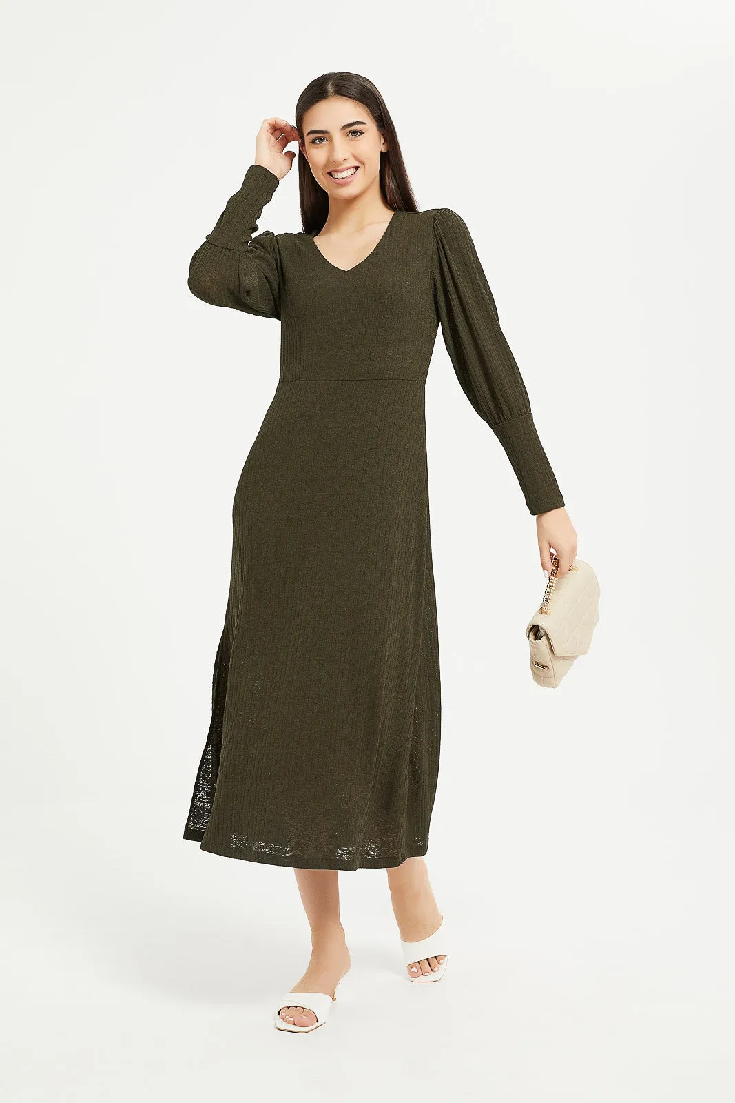 Women Olive Long Sleeves Mid Length Dress