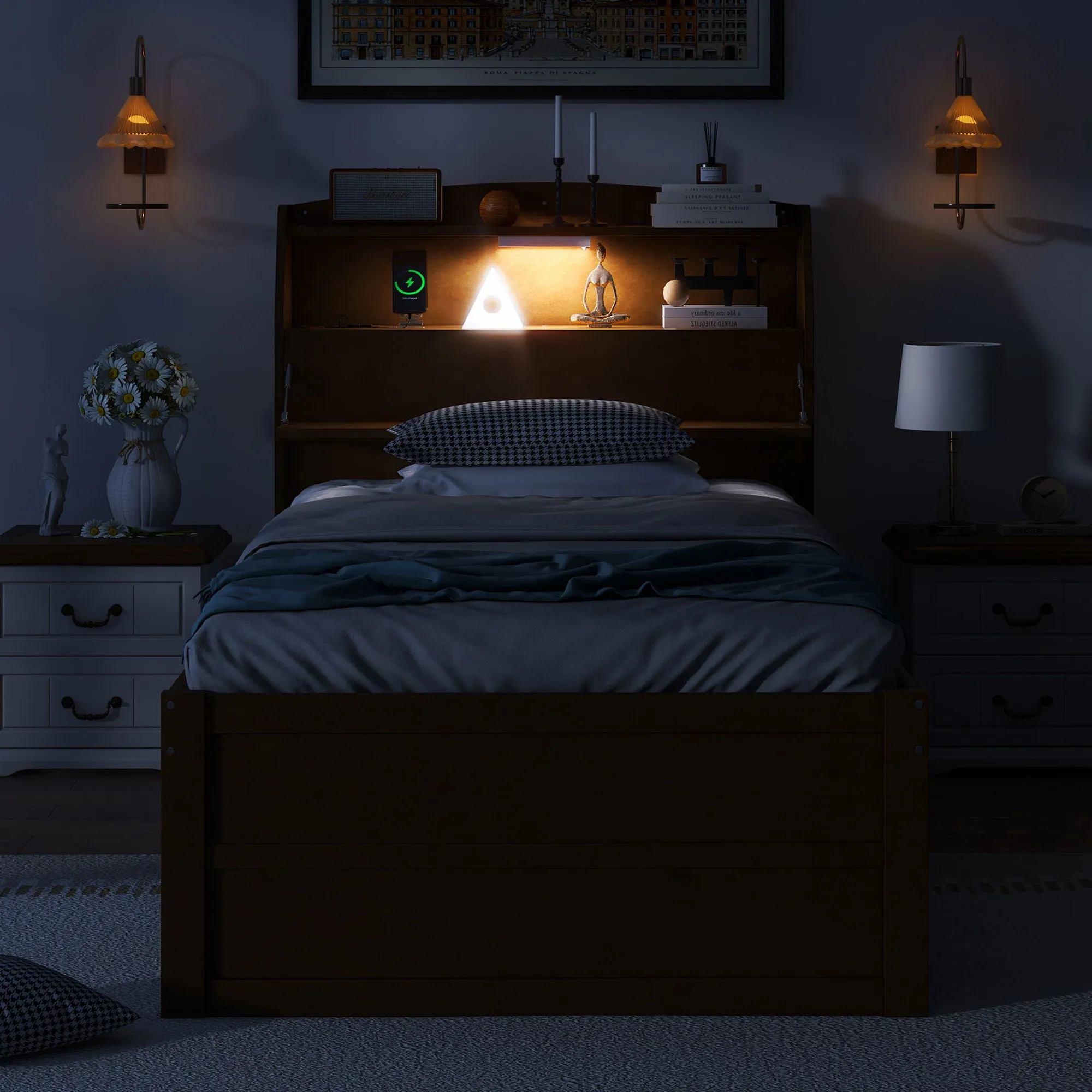 Wooden LED Platform Bed With Trundle, With Storage Headboard, With Drawers