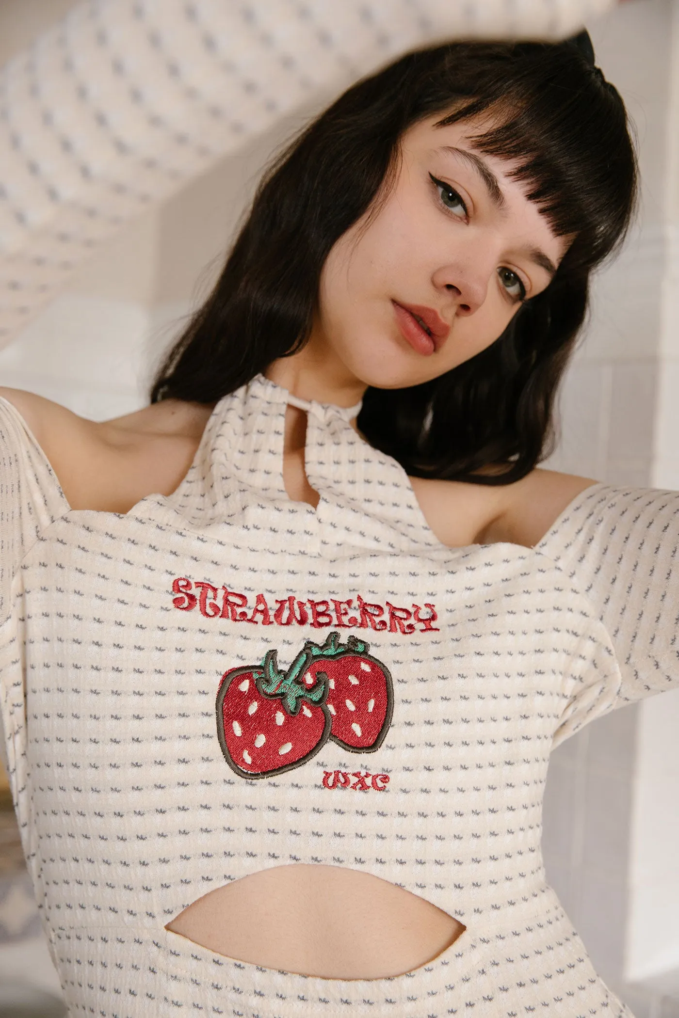 WXC | Embroidered Strawberry Cut-Out Dress