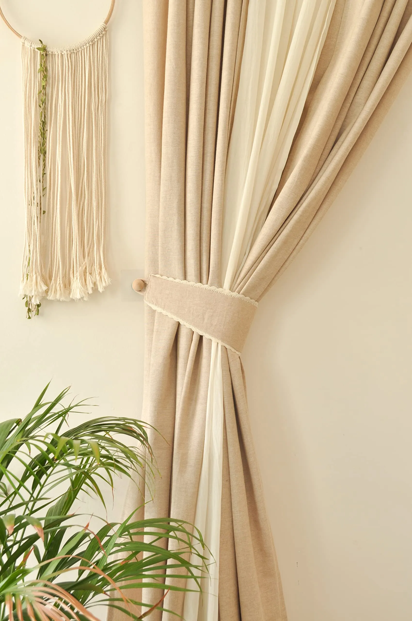 Yuri By Kadambari, Cotton Solid Plain Beige Curtain Tieback Pullback Curtain Tieback for Door Window for Home Decor Set of 2 Pcs (24 Inch, Beige)